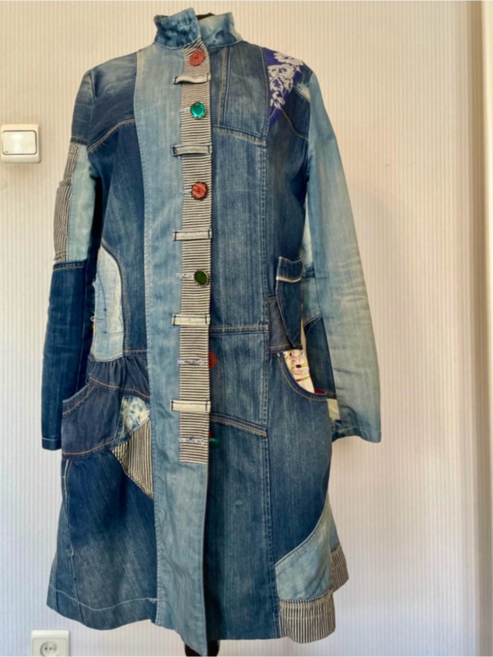 Desigual Patchwork Denim Coat in Light & Dark Blues, Collage & Colorful Buttons